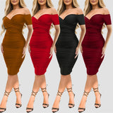 Purpdrank  Sexy Ruched Bodycon Midi Dress Women Elegant Off The Sholder Short Sleeve V-neck Strecth Slim Fit Club Party Dresses Vestidos