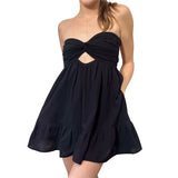 Purpdrank  Strapless Mini Dress y2k Women Solid Color Off Shoulder Sleeveless Ruffle Hem Dress with Pockets Evening Party Dresses