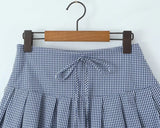 Purpdrank  Sexy Blue Plaid Lapel V neck Short Puff Sleeve Shirt Tank Top + Women Bow Zipper Waist A-line Pleated Mini Skirt 2 Pieces 1 Set