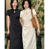 Purpdrank  New Chinese Style Waistband Slimming And Improved Qipao Summer Dress New Women Short Sleeve Long Patry Dress
