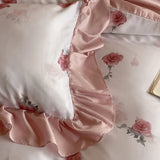 Purpdrank  4Pcs Lyocell Soft Silky Cooling Summer Bedding Set Rose Floral Prints Ruffles Duvet Cover Set Bed Sheet/Fitted Sheet Pillowcases