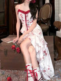Purpdrank  Fashion Sweet and Spicy Beach Vacation Princess Chiffon Lace Up Long Dress French Fragmented Flower Waist Irregular Sling Dress