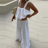 Purpdrank  High Street Exposed Navel Casual Outfits White Simple Summer Women's Suit Square Collar Camisole Top+Wide Leg Pants Holiday Set