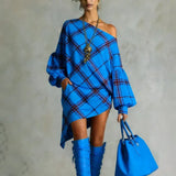 Purpdrank  Women's Fashion Plaid One Shoulder Asymmetrical Mini Dresses Puff Sleeves Loose Casual Going Out Vacation Short Dress