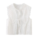 Purpdrank   Summer White Embroidery Flower Spliced Lace Sleeveless Tank Women Lacing Up Bow Front Loose Tank Top Crop Tops