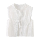 Purpdrank  Summer White Embroidery Flower Spliced Lace Sleeveless Tank Women Lacing Up Bow Front Loose Tank Top Crop Tops