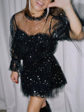 Purpdrank  Sexy Mesh See Through Mini Dress Women Shinny Sequin Flare Long Sleeve O-neck Dresses Female 2026 Spring Summer Lady Robe