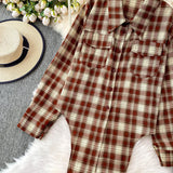 Purpdrank  Retro Hong Kong Sle Plaid Long Sve irt Women's ort Length Turn-down Collar Slimming Waist Tie Top for Autumn 2025