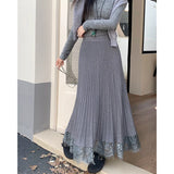 Purpdrank  Elegant Knitted Midi Skirt Women Fashion Lace Patchwork Black Pleated Skirts Winter Ladies Korean High Waist A Line Faldas New