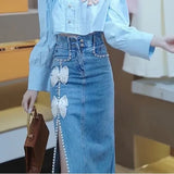 Purpdrank  Jeans Skirts for Women Gyaru Midi Woman Denim Skirt with Slit Cute Kawaii High Waist Clothing Trend 2025 Cheap Chic and Elegant