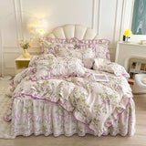 Purpdrank  100% Cotton Vintage Pastoral Style Rose Flowers Print Ruffles Bedding Set Duvet Cover Set Bow Lace Quilted Bed Skirt Pillowcases
