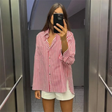 Purpdrank  Spring New Women's Fashion Style Casual Versatile Curled Cuff Stripe Loose Shirt Top