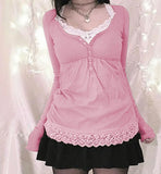 Purpdrank  Y2k Cottage Lace Trim Babydoll T-shirt Autumn Button Up Long Sleeve Pullovers Tops Women Cyber Grunge Loose Fit Blouse Tees