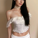 Purpdrank  White Spliced Wood ears Ruffles Embroidery Hollow Out Hole Sexy Corset Women Summer Tank Tops Slim Through Buttons Crop Top