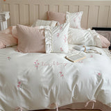Purpdrank  Rose Flowers Embroidery 100% Cotton Korean Princess Style Plaid Bedding Set Duvet Cover Flat/Fitted Bed Sheet Pillowcases 4Pcs