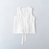 Purpdrank  Summer Plain White Spliced Lace V neck Sleeveless Tank Women Open Buttons Slim Waist Tie Bow Sashes Back Tank Top Crop Tops