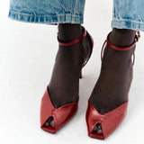 Purpdrank  Red Pointed Toe Soft Leather High Heel Sandals Women Sexy Open Toe Ankle Buckle Thin Heel Dress Shoe Elegant Wedding Bridal Shoe