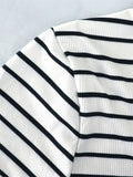Purpdrank  Vintage Black White Striped Print T-shirt Mini Dress Women Knit Ribbed Short Sleeve Hooded V-neck Casual Summer Dress Streetwear