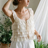 Purpdrank  Creamy Lace Ruffled Layered Strappy Top Women Blouses Vintage Sleeveless O Neck Cropped Camisole Boho Beach Sheer Tanks Tops