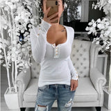 Purpdrank  Spring Elegant Women Corset Skinny Shirt Top New Chic Long Sleeve U Neck Button Slim Ribbed Stretchy T-shirt Streetwear