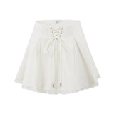Purpdrank  Holiday Front Cross Lacing up Bandage Bow Zipper Waist Mini Skirt Women White Spliced Lace Hem Ruched Swing A-lined Skirts Black