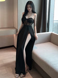 Sexy Black Mesh Patchwork Strapless Corset Maxi DressesWomen 2024 Summer Sleeveless Bodycon Split See Through Party Club Dress