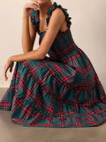 Purpdrank  Women Casual Sleeveless Pleated Long Dress Fashion Hight Waist Loose Party Dress Vintage Christmas Plaid Print Suspender Dress