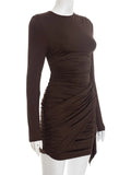 Purpdrank  Long Sleeve Ruched Mini Dress Women Fashion Brown O Neck Long Sleeve Slim Bodycon Dress for Daily Office Dating Outfits