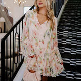 Purpdrank  Sweet Fungus Edge Double-layer V-neck Printed Loose Mini Dress for Women