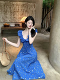 Purpdrank  Seaside Floral Lace Up V-neck Vest Dress for Women Summer New Holiday Slim Flying Sleeves Dress Sweet Midi Beach Dress