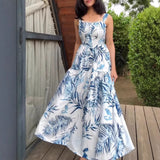 Purpdrank   Summer Women's Tropical Leaf Print Maxi Dress Spaghetti Strap Ruffle Trim Fitted Waist Tiered Flowy Beach Vacation Sundress