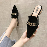 Purpdrank - Slippers Women New Chain Mules Women Slides Square Toe Ladies Striped Shoes Summer Fashion Footwear Square Heel Women Shoes
