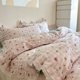 Purpdrank  Korean Princess Style Lace Ruffles Floral Bedding Set 100% Cotton Duvet Cover Bed Sheet/Fitted Sheet/Bed Skirt Pillowcases 3/4Pc