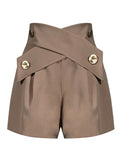 Purpdrank  Summer High Waist Shorts Cross Bandage Buttons Decoration Loose Wide Leg Casual Short Pants Khaki