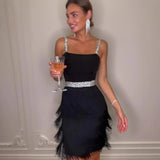 Purpdrank  Elegant Midi Tassel Skirt Date Dinner New Style Bell Sleeve Strapless Dress Black White Blue Casual Chic Women's Dress