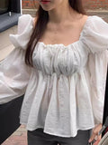 Purpdrank  Chic Autumn New Sle Women's irt Sweet Personali Square Collar Pleated Design Slimming Long Sve with Lace Hem