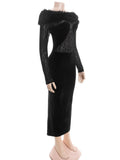 Purpdrank  Sexy Black Velvet Off-Shoulder Leopard Mesh Fur Trim Maxi Dress Women's Long Sleeve Patchwork Bodycon Evening Party Dress
