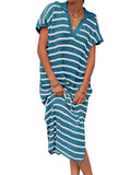 Purpdrank  Women Dress Long Dresses Knitted Turn Down Collar Short Sleeve Print Striped Casual Loose Elegant Splice Summer Vestidos