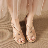 Purpdrank   Shoes Woman Summer Plus Size 34-42 Women's Cow Leather Narrow Band Cross Strap Hollow-out 6cm Thick Low Heel Casual Shoes