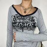 Purpdrank  Spring Grey Women's T-shirt V-Neck Long Sleeves Letter Print Crop Top Casual Fashion T Shirt Female Streetwear Sexy Cropped Tops