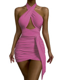 Purpdrank  Cross Halter Cutout Bag Hip Mini Bodycon Dress Sexy Backless Pleated Women's Summer White Party Dress Fashion Prom Skirt Dimanaf