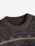 Purpdrank  Autumn and Winter New Retro Round Neck Simple School Geometric Pattern Knitted Sweater Off Shoulder