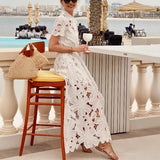 Purpdrank  Elegant Summer Women Bohemian Dress Chic New Short Sleeve Single Breasted Hollow Out Floral Lace Vacation Long Dress