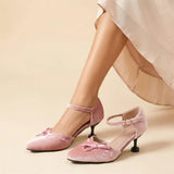 Purpdrank  Big Size 46 Women Pink Velvet Mary Jane Pumps Bow Knot Ankle Strap Kitten Heel Shoes Elegant Pointed Toe Office Dress Shoes