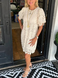 Purpdrank  Women's Floral Lace Puff Sleeve Dress Hollow O Neck Pullover Party Wear Solid Lace Vestidos Sexy Loose Knee Length Casual Basics