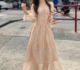Purpdrank  Girls long dresses Square Neck puff sleeves Floral Long Sleeve Chiffon Dresses Women's clothing Summer vestidos largostraf
원피스