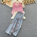 Purpdrank - Women Sweet Korean Pink Sweet 3 Pieces Set For Women Knitted Sling Vest +sunscreen+floral Print Wide Leg Denim Long Pants Suits