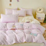 Purpdrank  Pink Bedding Sets Solid Color Washed Cotton Home Girls Bedroom Decor Duvet Cover Pillowcase Bedspread Embroidery Four Piece Set