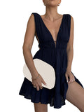 Purpdrank  Women Black Solid Sleeveless Elegant Deep V-Neck Backless Flowy Dress Formal Prom Gowns Party Dress Robe