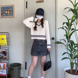 Purpdrank  College Style Short Fried Dough Twists Contrast Round Neck Sweater Women's Autumn and Winter V Loose Knit Long Sleeved Sweater